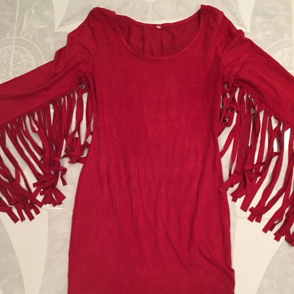 Red Faux Suede Fringed Sleeve Dress - Picture 1 of 3
